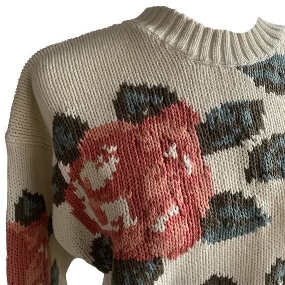 Mexx Sweater 100% Cotton Floral Motifs Jacquard 80s 90s MultiColor Pink Cream S - Picture 4 of 11